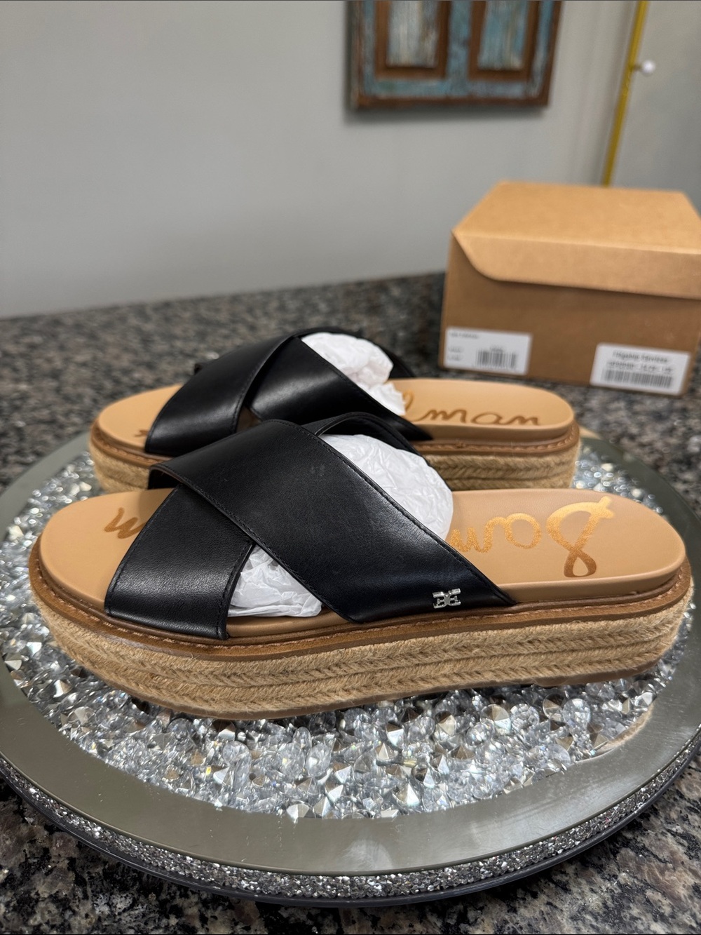 Sam Edelman Black leather Cross-Band espadrille Platform Slide Sandals NEW 9
